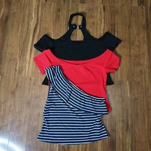Set of 3 Stylish Women's Tops - Black, Red, and Navy Striped